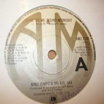 NINO TEMPO AND 5TH AVE SAX — COME SEE ME ROUND MIDNIGHT / HIGH ON THE MUSIC record label scan