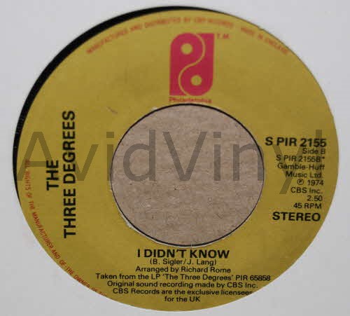 THREE DEGREES — I DIDN'T KNOW / WHEN WILL I SEE YOU AGAIN record label scan