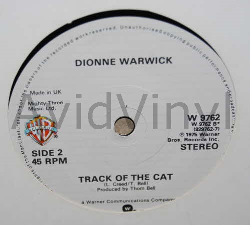 DIONNE WARWICK — TRACK OF THE CAT / WE'LL BURN OUR BRIDGES BEHIND US record label scan