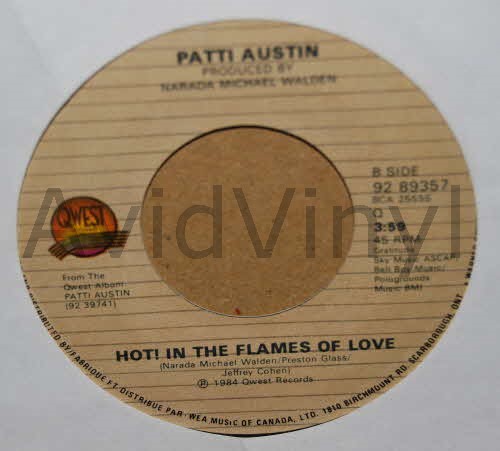PATTI AUSTIN — HOT IN THE FLAMES OF LOVE / HONEY FOR THE BEES record label scan
