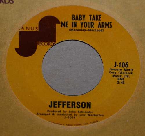 JEFFERSON — BABY TAKE ME IN YOUR ARMS / I FELL FLAT ON MY FACE record label scan
