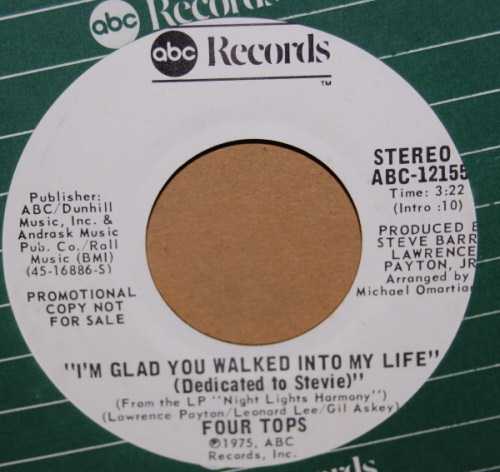FOUR TOPS — I'M GLAD YOU WALKED INTO MY LIFE / SAME record label scan