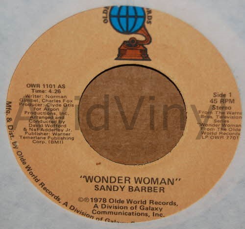 SANDY BARBER — WONDER WOMAN / CAN'T YOU JUST SEE ME record label scan