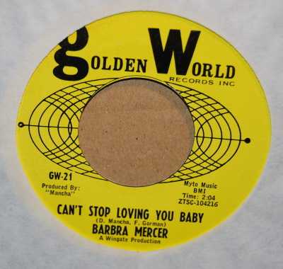 BARBRA MERCER — CAN'T STOP LOVING YOU BABY / HEY record label scan