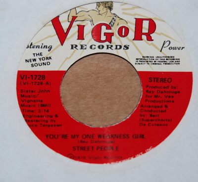 STREET PEOPLE — YOU'RE MY ONE WEAKNESS GIRL / YOU'RE THE GIRL I LOVE record label scan