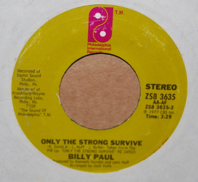 BILLY PAUL — ONLY THE STRONG SURVIVE / WHERE I BELONG record label scan