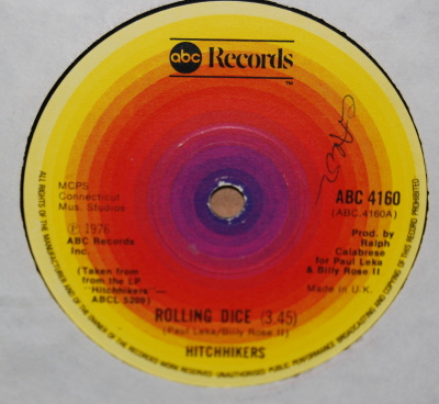 HITCHHIKERS — ROLLING DICE / THIS SONG'S FOR YOU MAMMA record label scan