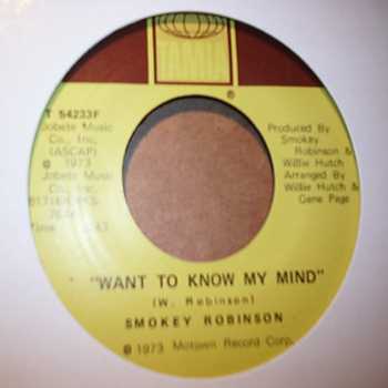 SMOKEY ROBINSON — WANT TO KNOW MY MIND / SWEET HARMONY record label scan