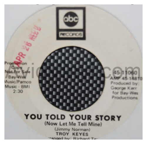 TROY KEYES — YOU TOLD YOUR STORY / NO SAD SONGS record label scan