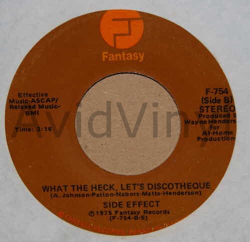 SIDE EFFECT — WHAT THE HECK, LET'S DISCOTHEQUE / THERE SHE GOES AGAIN record label scan