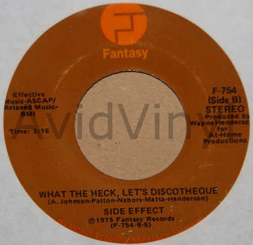 SIDE EFFECT — WHAT THE HECK, LET'S DISCOTHEQUE / THERE SHE GOES AGAIN record label scan