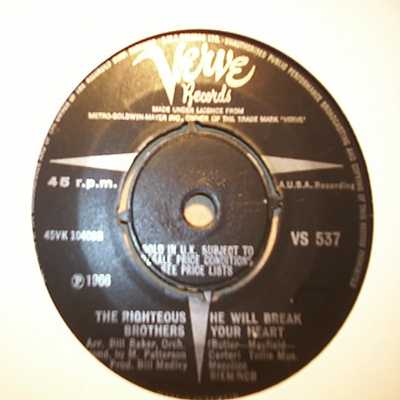 RIGHTEOUS BROTHERS — HE WILL BREAK YOUR HEART / HE record label scan