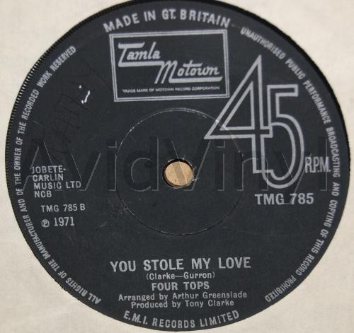 FOUR TOPS — YOU STOLE MY LOVE / SIMPLE GAME record label scan
