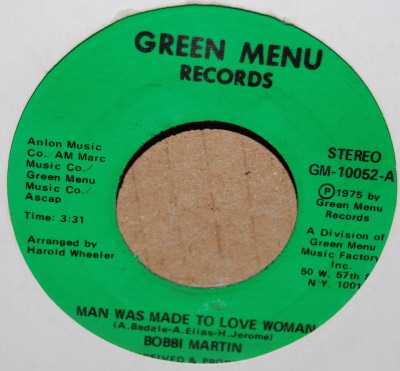 BOBBI MARTIN — MAN WAS MADE TO LOVE WOMAN / DON'T BE DOWN ON ME record label scan