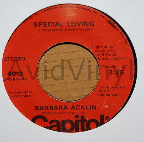 BARBARA ACKLIN — SPECIAL LOVING / YOU GIVE HIM EVERYTHING BUT I GIVE HIM LOVE record label scan