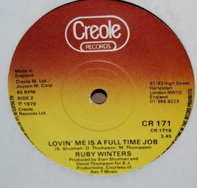 RUBY WINTERS — LOVIN' ME IS A FULL TIME JOB / BABY LAY DOWN record label scan