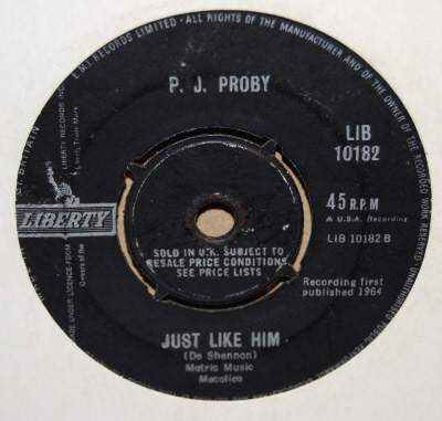 P. J. PROBY — JUST LIKE HIM / SOMEWHERE record label scan