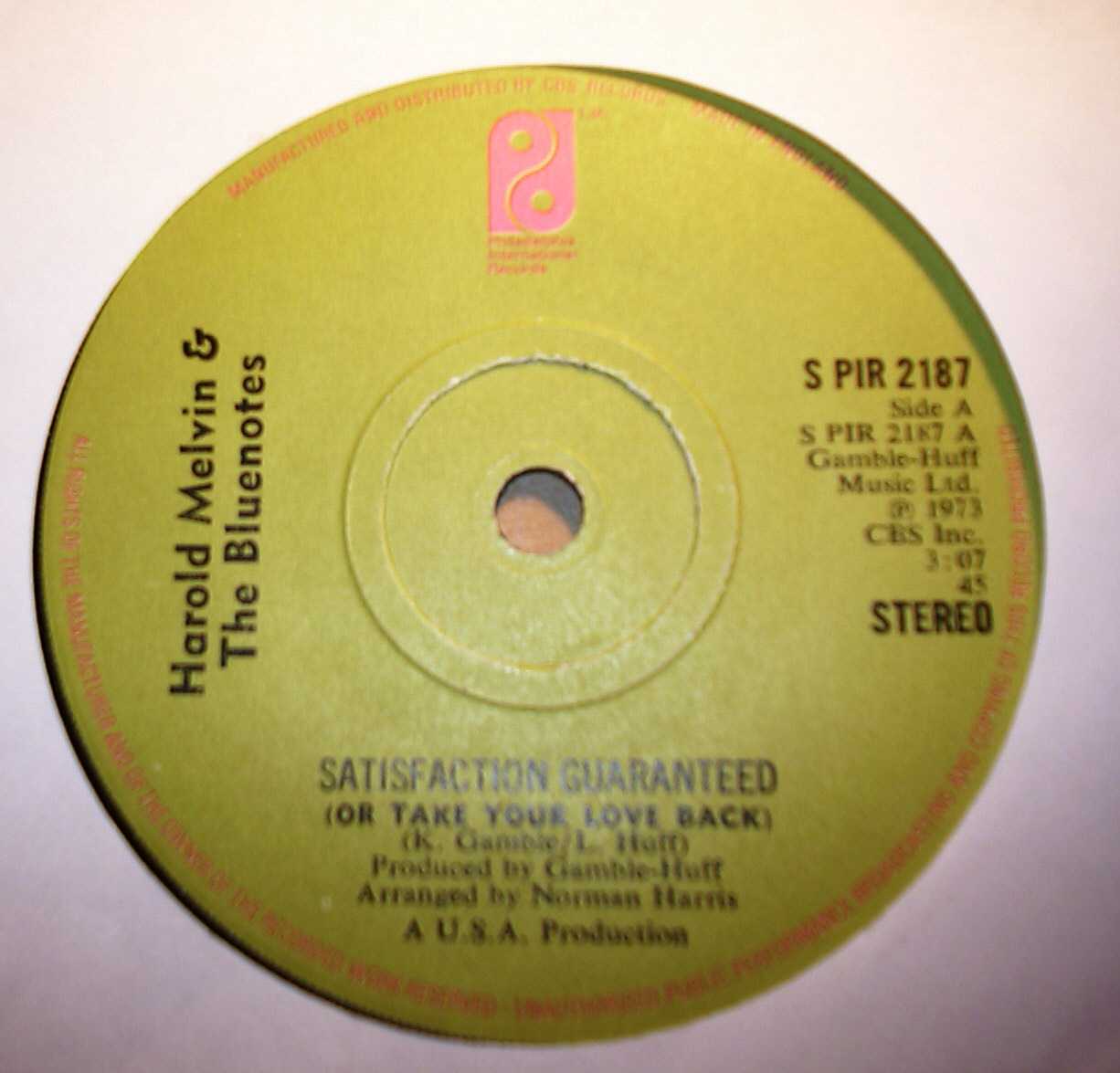 HAROLD MELVIN AND THE BLUENOTES — SATISFACTION GUARANTEED / I'M WEAK FOR YOU record label scan