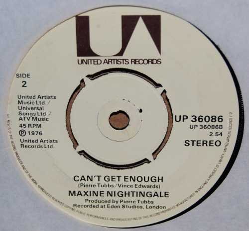 MAXINE NIGHTINGALE — CAN'T GET ENOUGH / GOTTA BE THE ONE record label scan