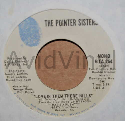 POINTER SISTERS — LOVE IN THEM THERE HILLS / FAIRYTALES record label scan