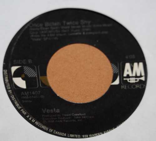 VESTA — ONCE BITTEN TWICE SHY / CONGRATULATIONS record label scan