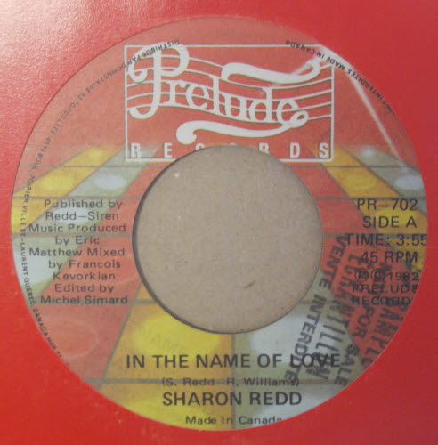 SHARON REDD — IN THE NAME OF LOVE / WERE FRIENDS AGAIN record label scan
