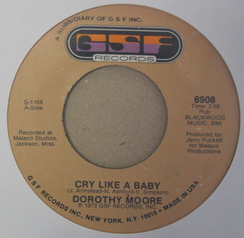 DOROTHY MOORE — CRY LIKE A BABY / JUST THE ONE I'VE BEEN LOOKING FOR record label scan