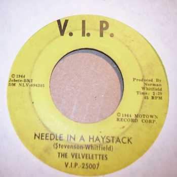 VELVELETTES — NEEDLE IN A HAYSTACK / SHOULD I TELL THEM record label scan