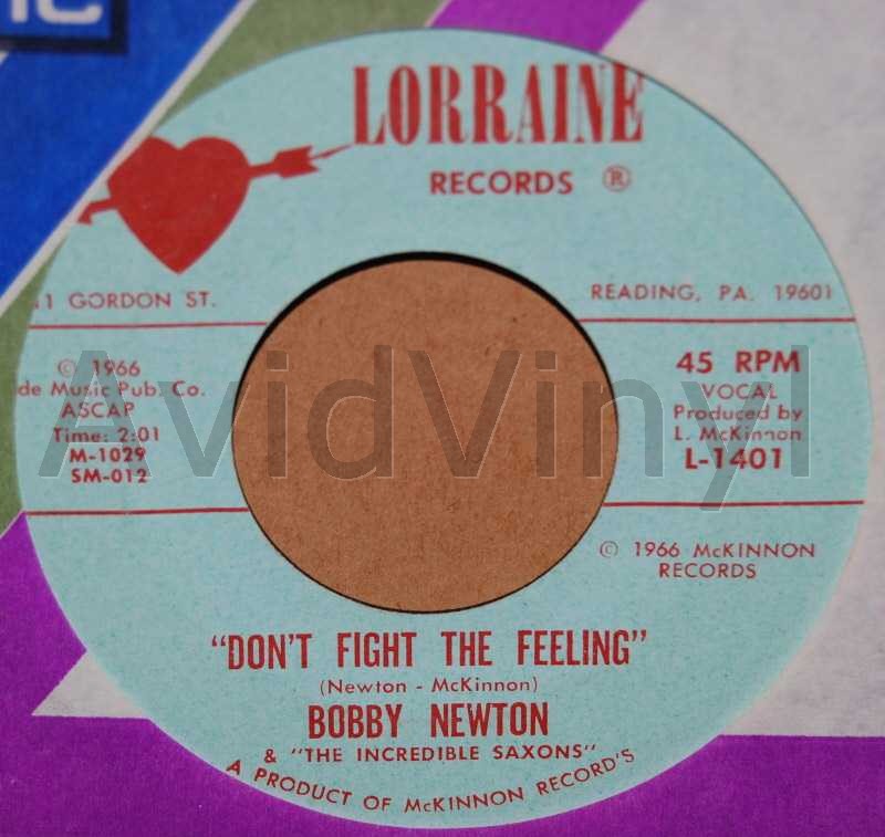 BOBBY NEWTON — DON'T FIGHT THE FEELING / ALONE AND LONELY NIGHTS record label scan