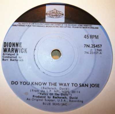 DIONNE WARWICK — DO YOU KNOW THE WAY TO SAN JOSE / LET ME BE LONELY record label scan