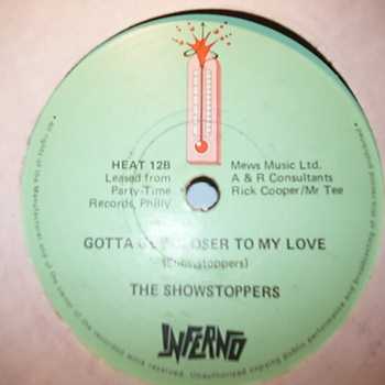 SHOWSTOPPERS — GOTTA GET CLOSER TO MY LOVE / AIN'T NOTHING BUT A HOUSE PARTY record label scan