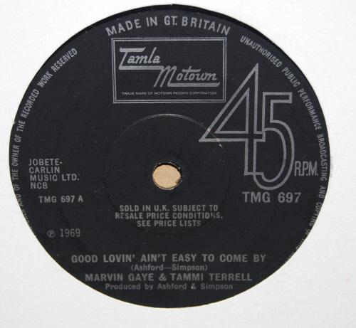 MARVIN GAYE AND TAMMI TERRELL — GOOD LOVIN' AIN'T EASY TO COME BY / SATISFIED FEELING record label scan