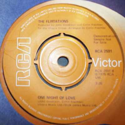 FLIRTATIONS — ONE NIGHT OF LOVE / LOVE WHERE ARE YOU NOW record label scan