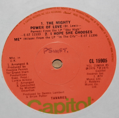 TAVARES — I HOPE SHE CHOOSES ME / THE MIGHTY POWER OF LOVE / MY SHIP / STRANGERS IN DARK CORNERS record label scan