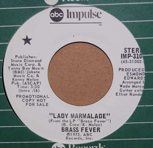 BRASS FEVER — LADY MARMALADE / BACK AT THE CHICKEN SHACK record label scan