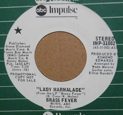 BRASS FEVER — LADY MARMALADE / BACK AT THE CHICKEN SHACK record label scan