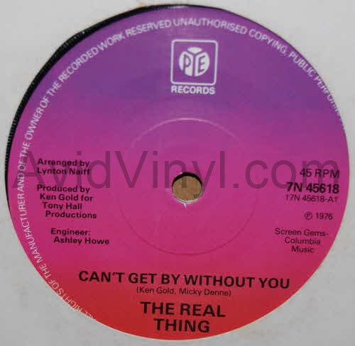 REAL THING — CAN'T GET BY WITHOUT YOU / MONEYMAKER record label scan