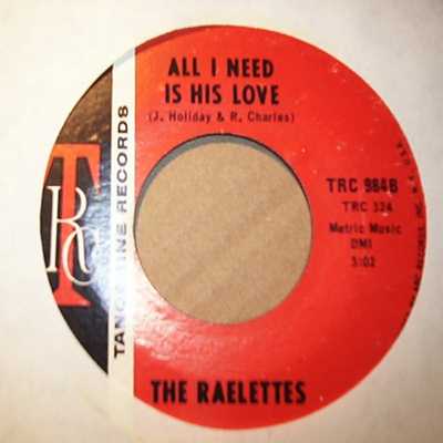 RAELETTES — ALL I NEED IS HIS LOVE / I'M GETT'N LONG ALRIGHT record label scan