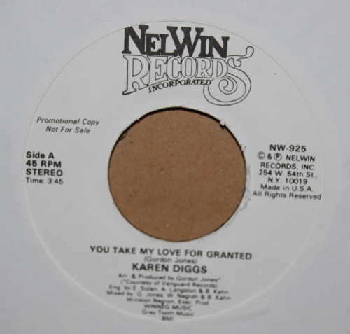 KAREN DIGGS — YOU TAKE MY LOVE FOR GRANTED / SAME record label scan