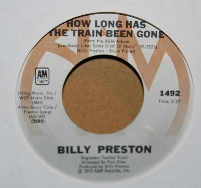 BILLY PRESTON — HOW LONG HAS THE TRAIN BEEN GONE / YOU'RE SO UNIQUE record label scan