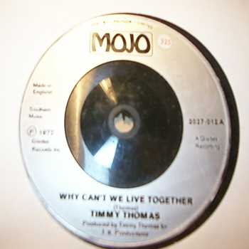 TIMMY THOMAS — WHY CAN'T WE LIVE TOGETHER / FUNKY ME record label scan