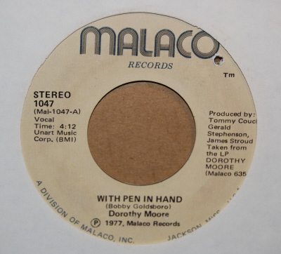 DOROTHY MOORE — WITH PEN IN HAND / TO BLIND TO SEE record label scan