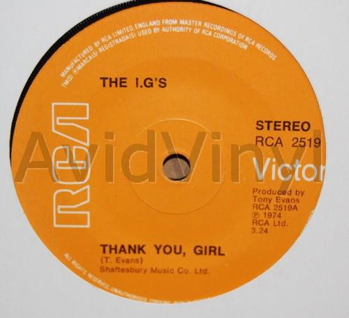 I.G'S — THANK YOU GIRL / HANG ON TO ME BABY record label scan