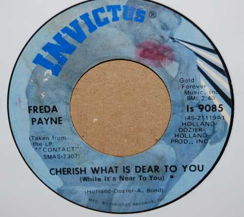 FREDA PAYNE — CHERISH WHAT IS DEAR TO YOU / THE WORLD DON'T OWE YOU A THING record label scan