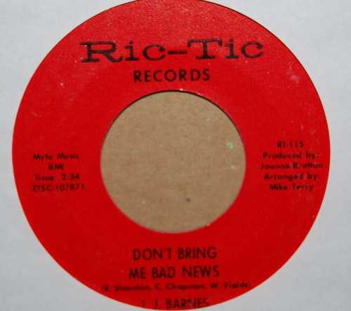 J.J. BARNES — DON'T BRING ME BAD NEWS / DAY TRIPPER record label scan