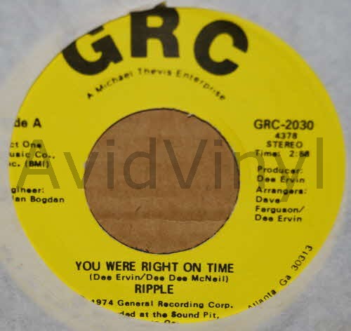 RIPPLE — YOU WERE RIGHT ON TIME / I'LL BE RIGHT THERE TRYING record label scan