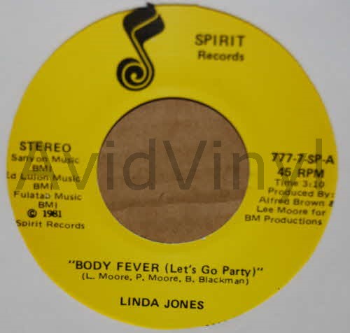 LINDA JONES — BODY FEVER / INSTRUMENTAL record label scan
