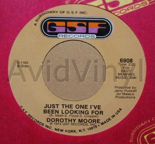 DOROTHY MOORE — JUST THE ONE I'VE BEEN LOOKING FOR / CRY LIKE A BABY record label scan