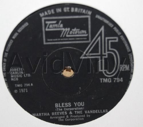 MARTHA REEVES AND THE VANDELLAS — BLESS YOU / HOPE I DON'T GET MY HEART BROKE record label scan
