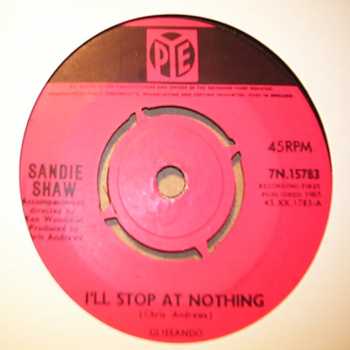 SANDIE SHAW — I'LL STOP AT NOTHING / YOU CAN'T BLAME HIM record label scan